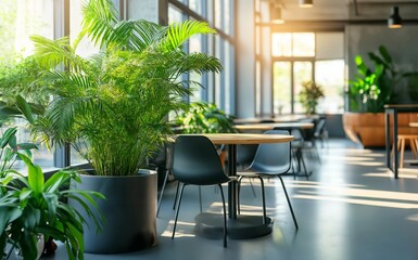 Fototapeta premium Bright and airy workspace with large potted plants and greenery, creating a refreshing and eco-friendly office setting, perfect for branding or design mockup, copy space, selective focus