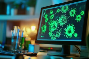 Naklejka premium Monitor displaying Mpox virus spread data in a scientific research setting close-up bright lighting