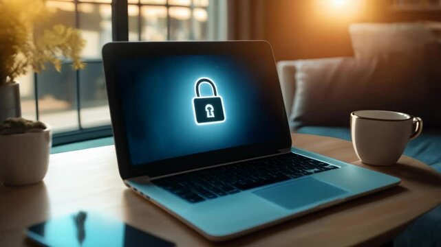 Laptop screen displaying a lock symbol in a cozy home setting, highlighting secure remote access with a focus on cybersecurity.