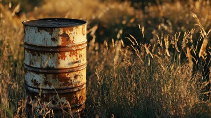 Obraz premium A beautifully lit, ultra-realistic image of a weathered, rusted 55-gallon oil drum in a rugged outdoor environment