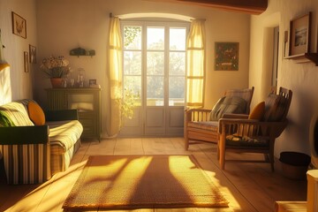 A cozy, budget-friendly vacation rental in a quaint village, golden hour light, photorealistic, inviting setting