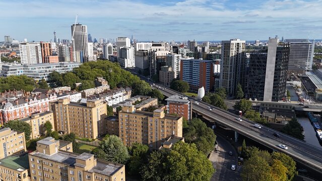 Apartments flats overlooking Paddington London Westway road UK ,drone,aerial