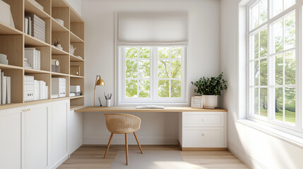 Fototapeta premium Bright home office with built-in shelves, wooden desk, and large windows