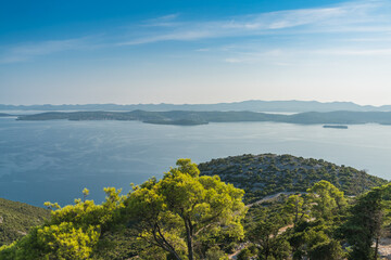 View on islands from ruins of St Michel fortress on the hill above the town Preko, island Ugljan, Croatia