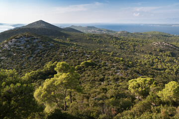 Fototapeta premium View on islands from ruins of St Michel fortress on the hill above the town Preko, island Ugljan, Croatia