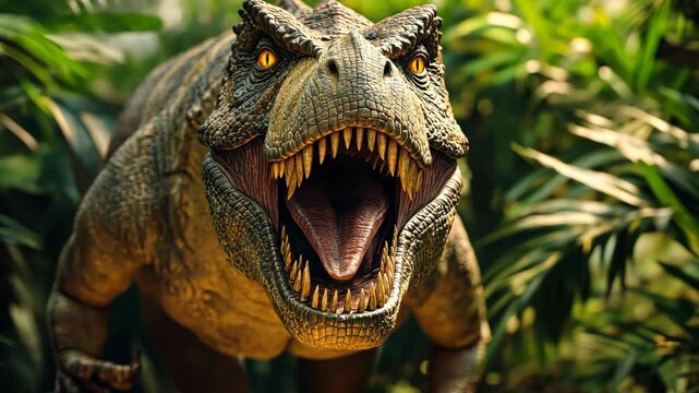 Tyrannosaurus rex opening its mouth showing huge teeth