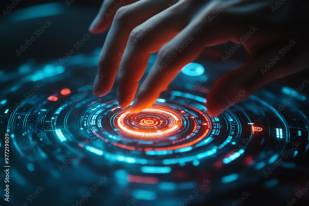 Poster a close-up of a hand interacting with a futuristic digital interface, showcasing vibrant lights and 