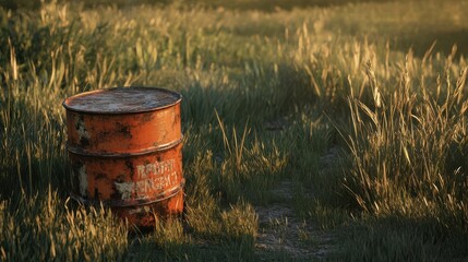Obraz premium A beautifully lit, ultra-realistic image of a weathered, rusted 55-gallon oil drum in a rugged outdoor environment
