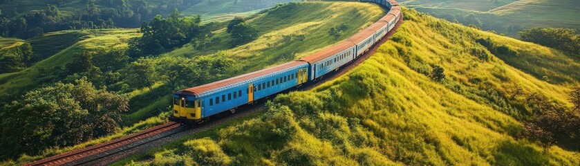 Obraz premium A brightly colored train winds through rolling green hills in a sunlit scenic landscape, capturing the beauty of nature and the tranquility of countryside travel.