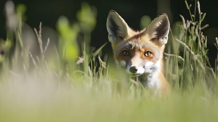 A curious fox peeks through tall grass, showcasing its beautiful fur and intelligent expression in a natural setting.
