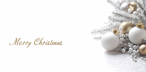 A festive Christmas background with golden and silver decorations, including white beads and ornaments on the right side of the picture, and "Merry Christmas" written in an elegant script font