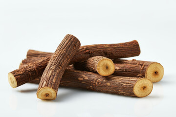 Closeup of licorice root isolated on white background