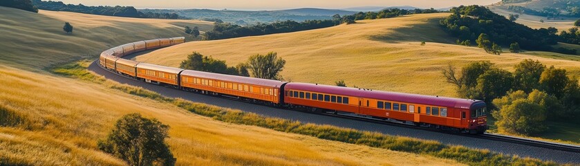 Fototapeta premium A low-cost train journey through scenic landscapes, vibrant colors, wide shot, natural light, picturesque scenery