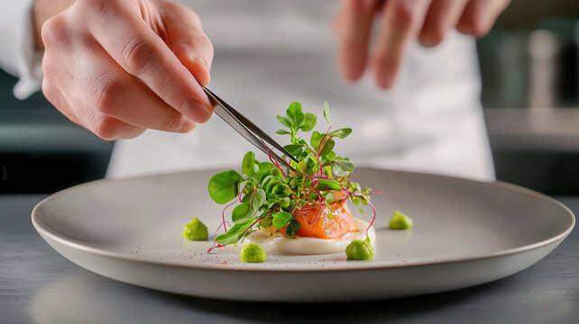 Closeup of a chefs hand using tweezers to place micro herbs on an intricate dish, with focused lighting emphasizing each detail