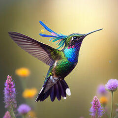 Fototapeta premium Fantasy hummingbird flying with flowers background