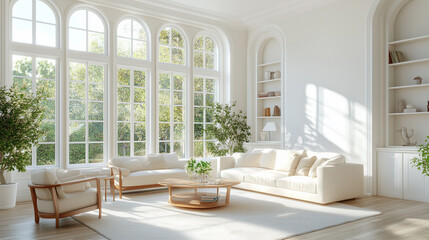 Bright living room with arched windows, modern white furniture, and indoor plants