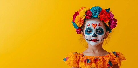 Photo of a child with face painting in the style of Day of the Dead, wearing colorful flowers on her head and looking at the camera, isolated on a yellow background with copy space area.