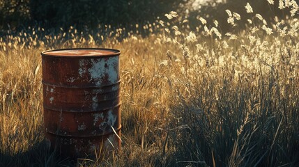Obraz premium A beautifully lit, ultra-realistic image of a weathered, rusted 55-gallon oil drum in a rugged outdoor environment
