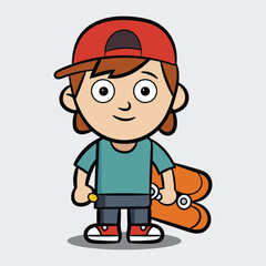 Vector cute A boy bring skateboard for summer Isolated cartoon person illustration
