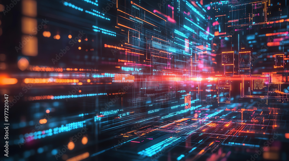 Poster a vibrant digital landscape showcasing data streams and luminous patterns, perfect for technology an