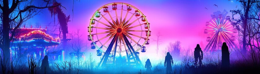 A haunted carnival with ghostly figures on a Ferris wheel, neon lights flickering in the fog, Horror, Steampunk, Dark Fantasy