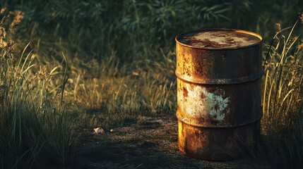 A beautifully lit, ultra-realistic image of a weathered, rusted 55-gallon oil drum in a rugged outdoor environment