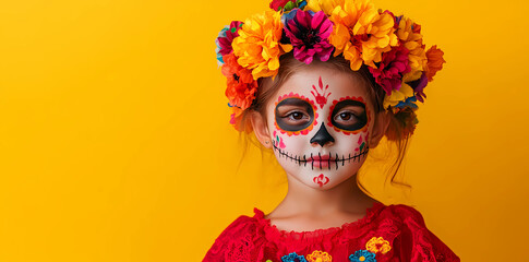 Photo of a child with face painting in the style of Day of the Dead, wearing colorful flowers on her head and looking at the camera, isolated on a yellow background with copy space area.