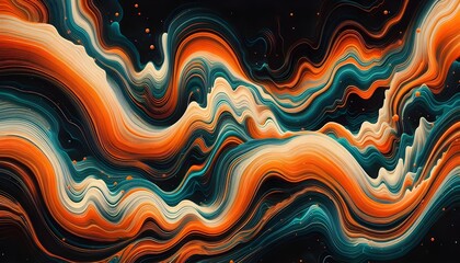 Vibrant orange teal white psychedelic grainy gradient color flow wave on black background, music cover dance party poster design