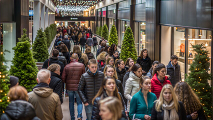 Crowd of shoppers walking through a shopping mall decorated for Black Friday and Christmas