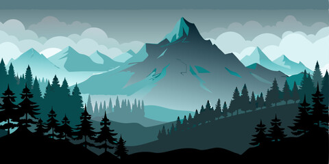 Foggy mountains landscape background. Smoky and rocky panorama with mountains skyline and pine tree forest silhouettes. Scenery with slopes, vector cartoon illustration