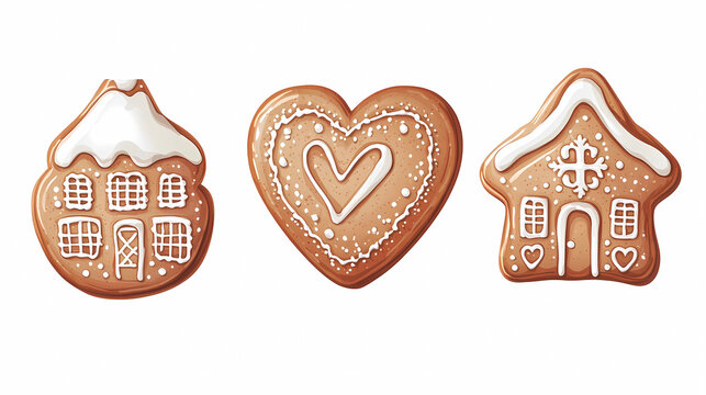 
Set of gingerbread cookies isolated on a white background, in the shapes of a house, heart, star, and tree, with a red glaze and golden sprinkles. Cartoon vector illustration design element for Chris