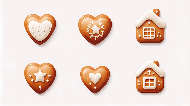 
Set of gingerbread cookies isolated on a white background, in the shapes of a house, heart, star, and tree, with a red glaze and golden sprinkles. Cartoon vector illustration design element for Chris