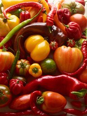pile of tomatoes and different peppers isolated on white background