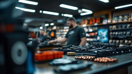 Obraz premium A retail space displaying various firearms and ammunition, with a customer browsing in the background.