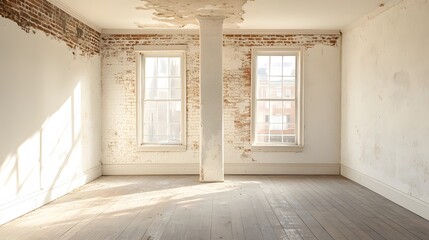 Fototapeta premium An interior renovation scene displays white walls and distressed hardwood floors, with natural light illuminating an empty room that showcases architectural details and rustic charm.
