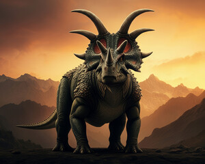 Fototapeta premium A giant dinosaur with mountain evening landscape