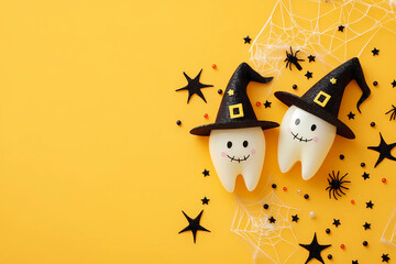 Halloween concept, two cute smiling teeth in witch hats on a yellow background with spider webs and stars. Flat lay, top view of the frame. Perfect for dental health advertising, Halloween party decor