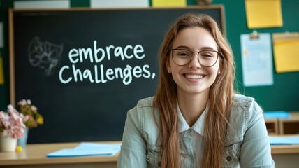 Smiling Teacher in classroom encourages others to embrace challenges with a supportive attitude and positive mindset.