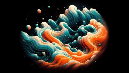Vibrant orange teal white psychedelic grainy gradient color flow wave on black background, music cover dance party poster design
