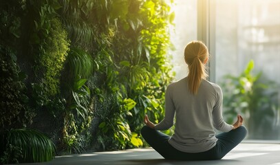 A woman meditating in a green office space with vertical garden walls, natural light pouring through a window, creating a calm atmosphere, copy space, selective focus

