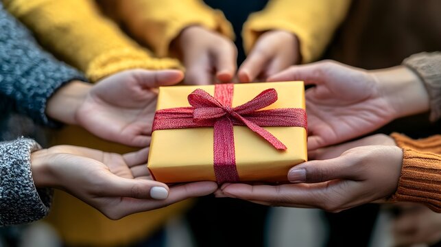 A group of hands exchanging a beautifully wrapped gift, symbolizing celebration, generosity, and the joy of giving.