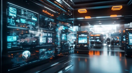 A futuristic voting system where people cast votes via digital devices in a highly secure cyber-themed environment