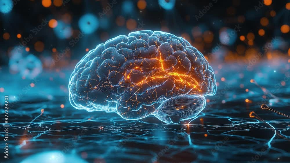 Poster human brain with neural connections. human brain hologram. brain anatomy. human brain animation. med