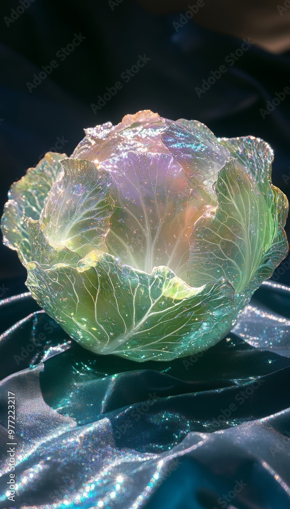 Poster A translucent, iridescent cabbage sculpture on a reflective surface.