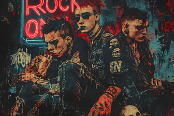 Vintage collage of punk rockers, skulls, and a neon sign with the text "ROCK ON" in the style of various punk rock artists.