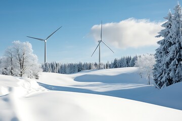 Wind turbines on a snowy mountain landscape.