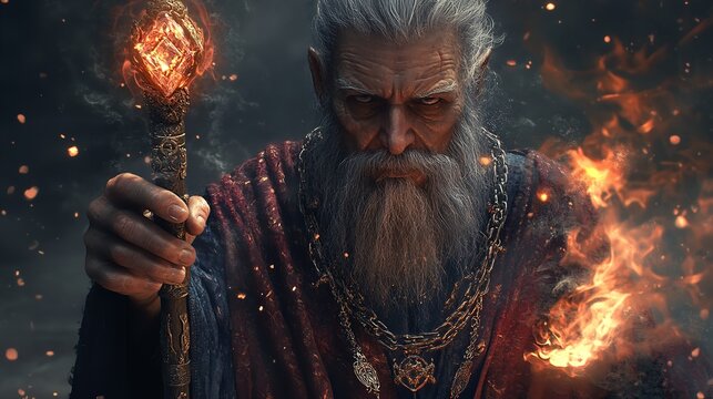 A radiant and wise enchanter stands tall, drenched in a halo of golden light, radiating tranquility and ancient knowledge.