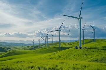 Wind Turbines on a Hilltop with Rolling Green Hills in the Background.