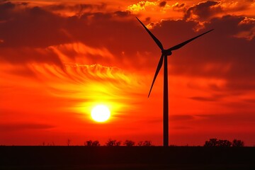 Obraz premium Wind Turbine Silhouette Against a Dramatic Sunset Sky.