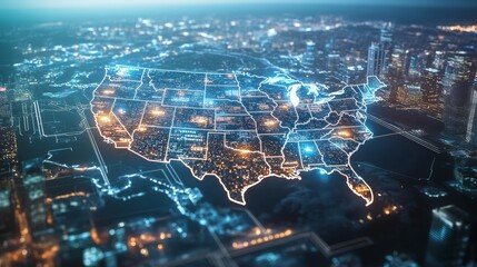 A holographic map of the United States displaying real-time election results